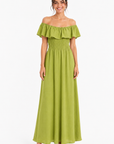robe Bardot maxi vert olive buste smocké