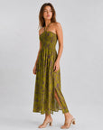 Robe midi halter fleurie vue de profil vert olive