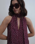 Robe halter à pois bordeaux tissu à pois
