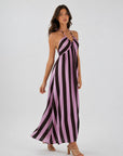 Robe longue rayée rose dos smocké