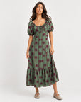robe midi fleurie à manches bouffantes verte