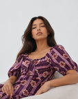 robe midi violette décolleté carré avec lien