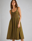 Robe midi rayée vert olive détail buste à chevrons