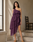 KDAPDT. Robe une epaule prune fluide a volants