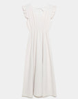 Robe midi fluide V-col sans manches taille élastique Italie en blanc, vue de front.