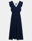 Robe midi fluide V-col sans manches taille élastique Italie, version bleu marine, présentation face.