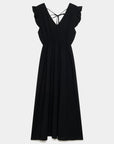 Robe midi fluide V-col sans manches taille élastique Italie en noir, modèle présenté.