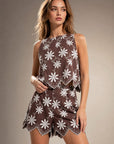 Short Jupe mini brune fleurie à ourlet festonné