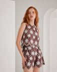 Short Jupe mini brune fleurie à ourlet festonné
