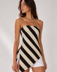 Top bandeau rayé asymétrique chocolat écru trois quarts