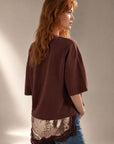 Top brun col rond bas pailleté et dentelle