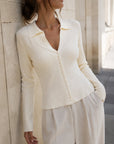Cardigan côtelé col chemise beige