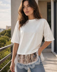 Top crème manches 1 2 sequins et dentelle