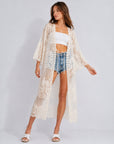 Kimono long dentelle brodée beige