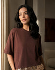 Top T shirt brun à ourlet pailleté