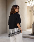 Top T shirt noir oversize paillettes et dentelle