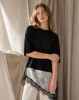Top T shirt noir oversize paillettes et dentelle