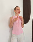top13872 chemisier ajuste rose a damier avec col en trou de serrure image 2