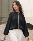veste bomber satinée noire zip anneau