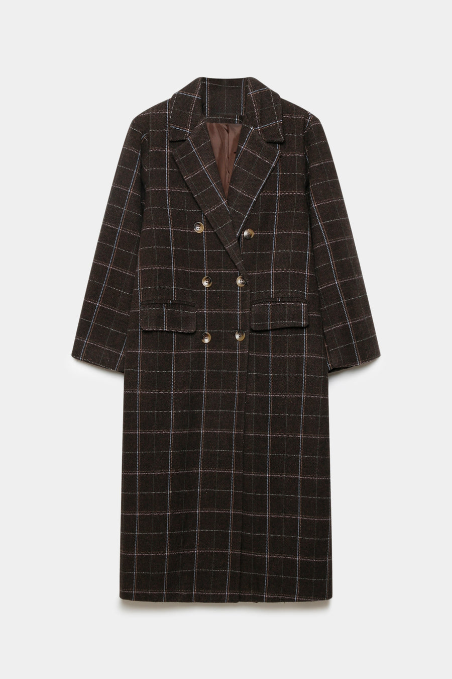 Manteau long croisé femme en coton mélangé marron suspendu, exposant la coupe élégante et la texture du tissu en détail. Manteau long croisé femme en coton mélangé marron.