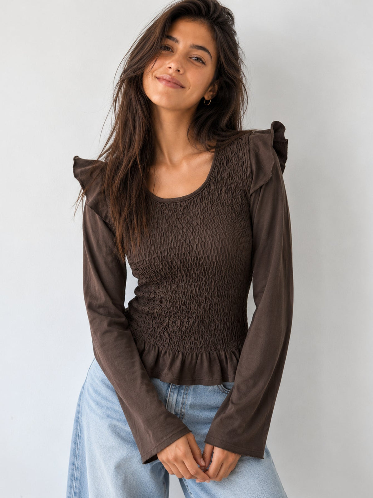 blouse smockée volants chocolat