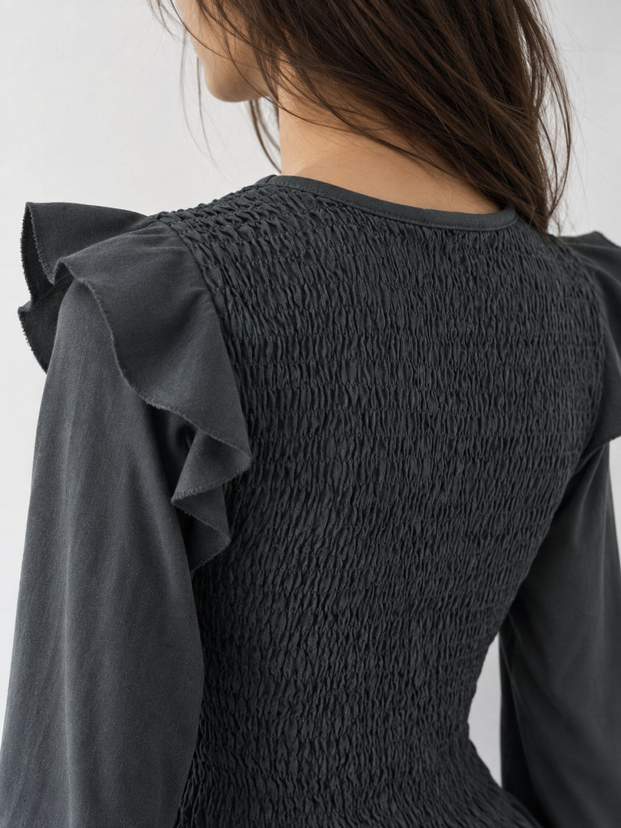 blouse smockée volants dos gris