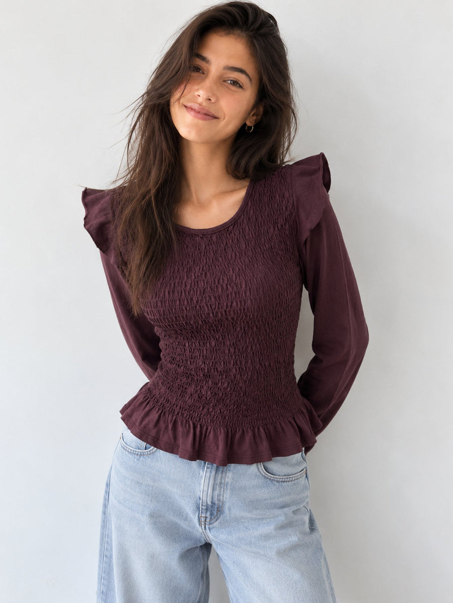 blouse smockée volants prune