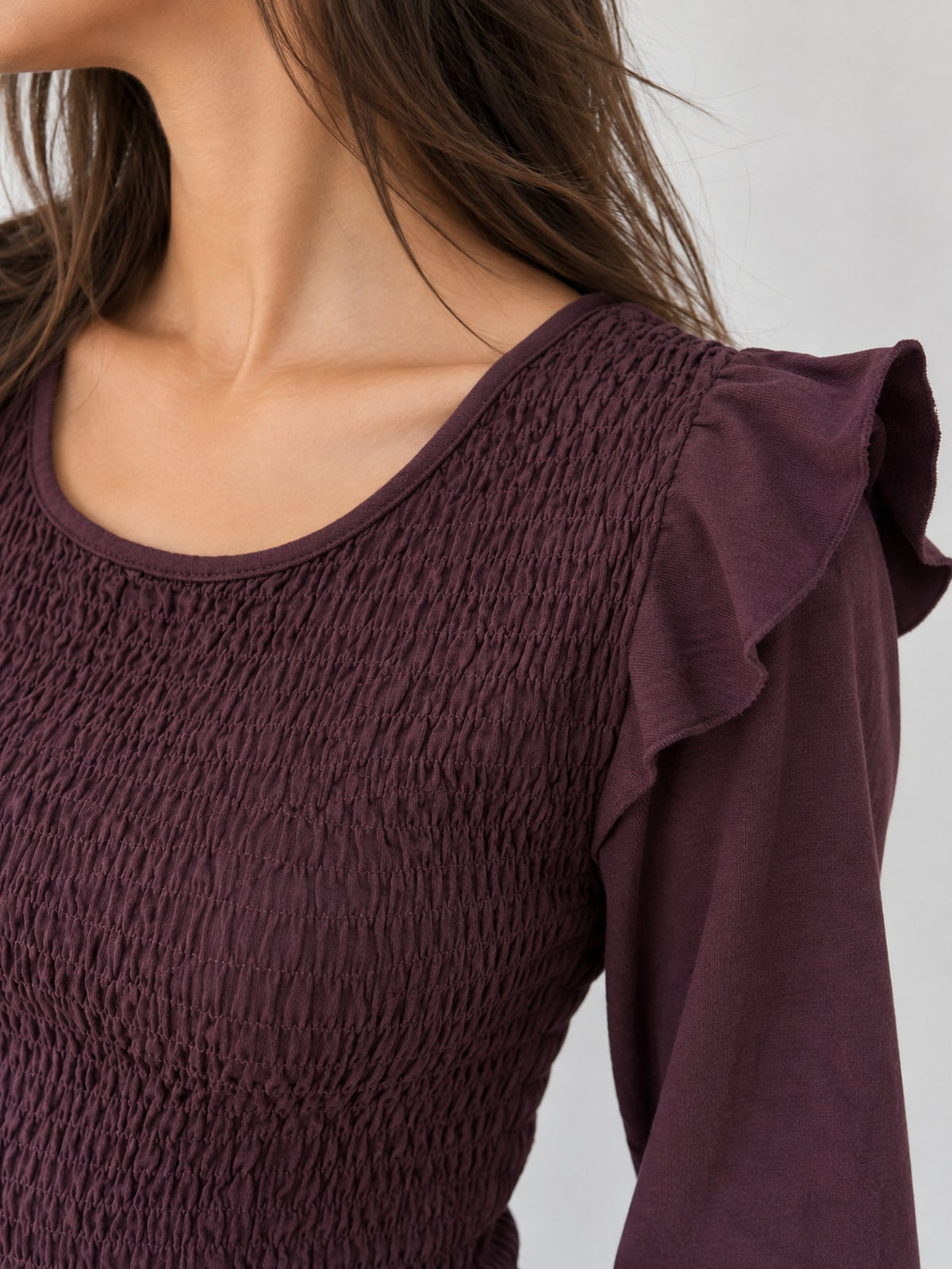 blouse smockée col rond prune