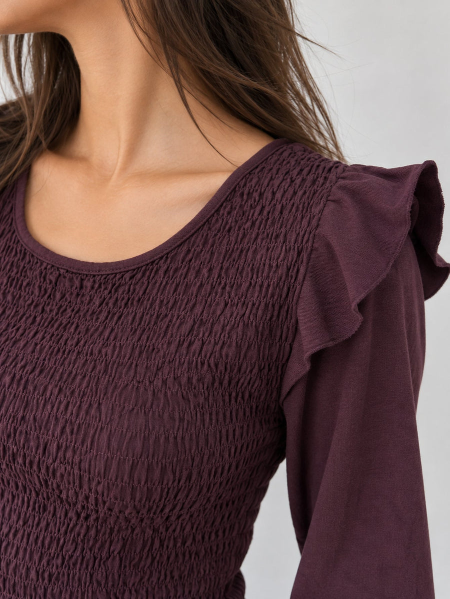 blouse smockée col rond prune