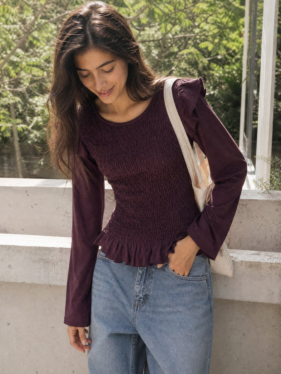 blouse smockée manches longues prune