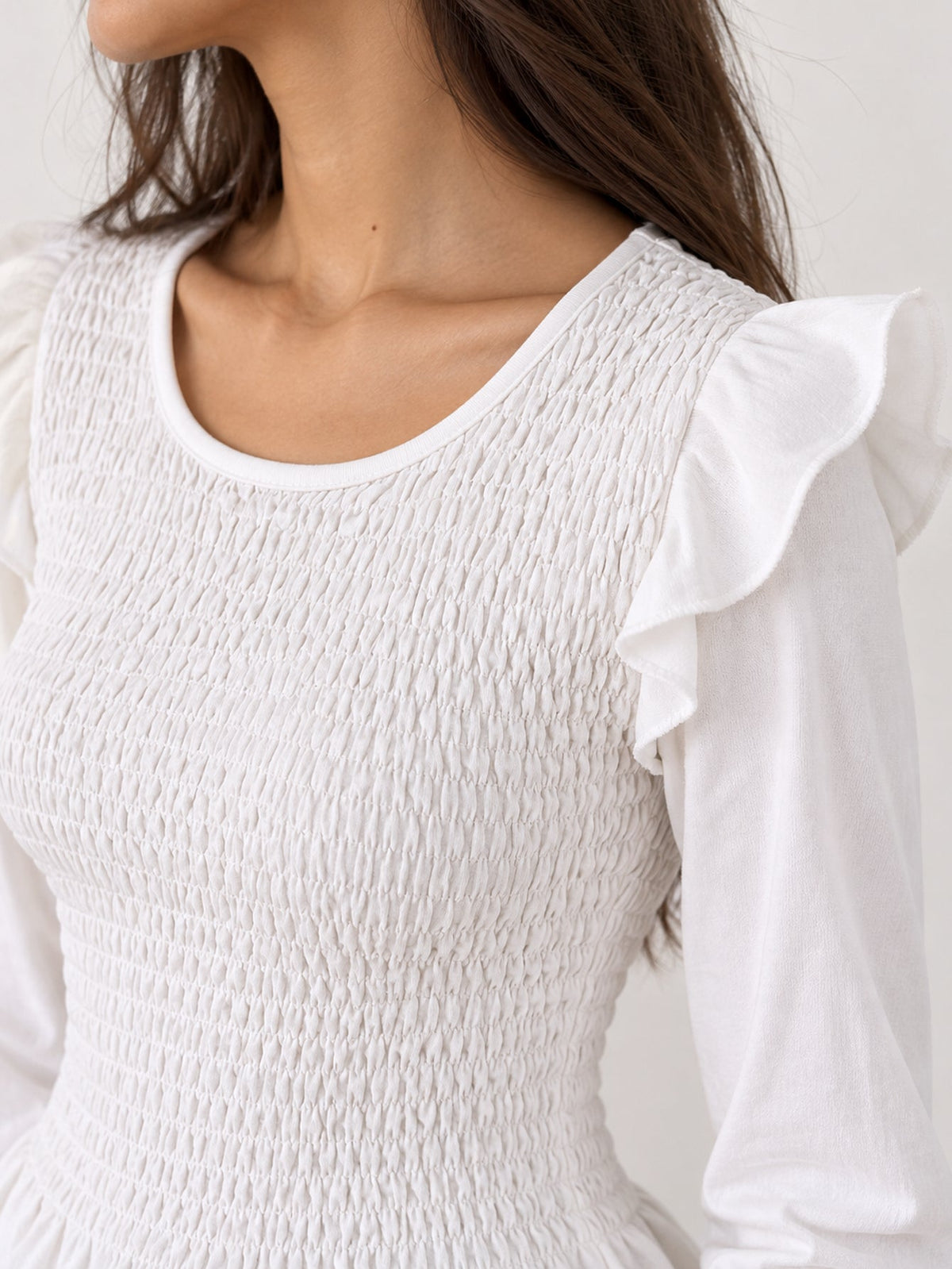 blouse smockée col rond blanc
