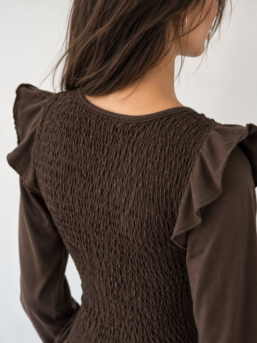 blouse smockée détail volants chocolat