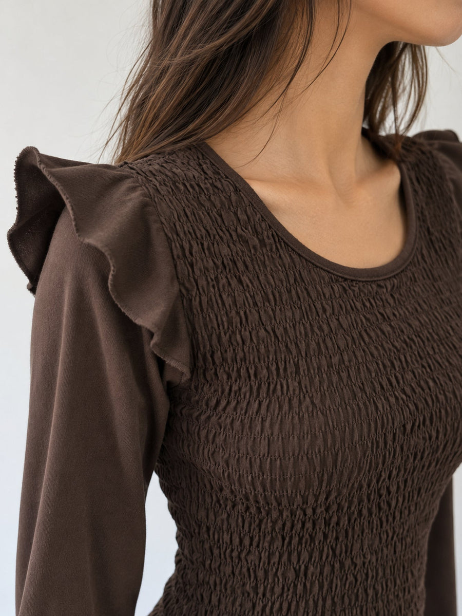 blouse smockée col rond chocolat