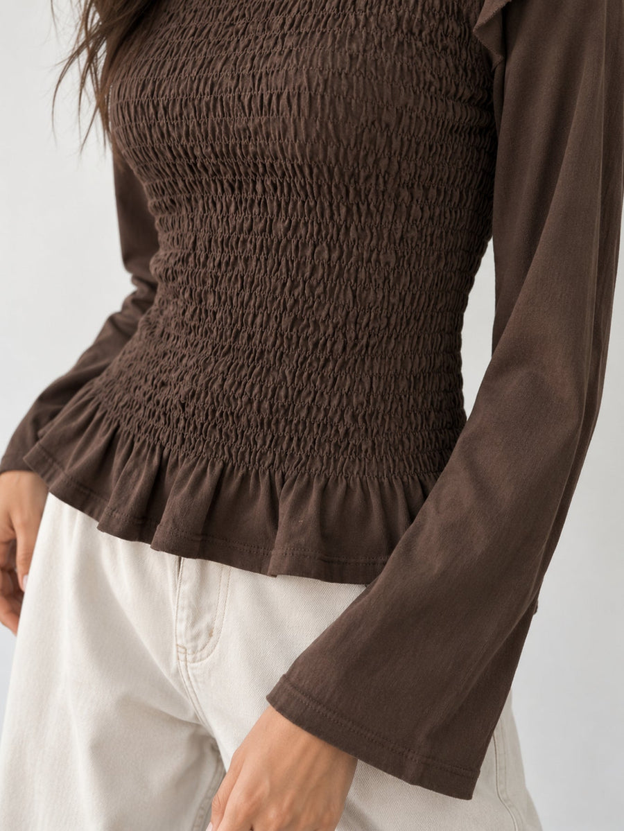 blouse smockée ourlet péplum chocolat
