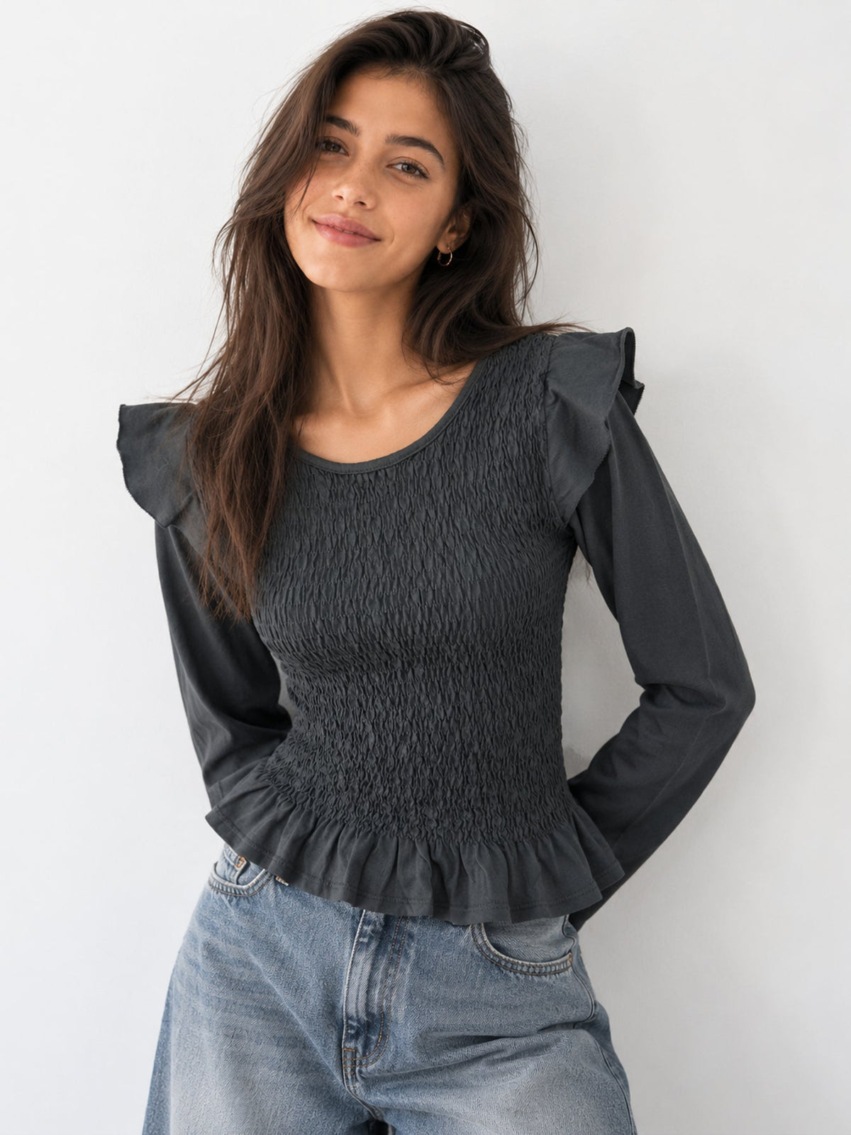 blouse smockée volants gris anthracite