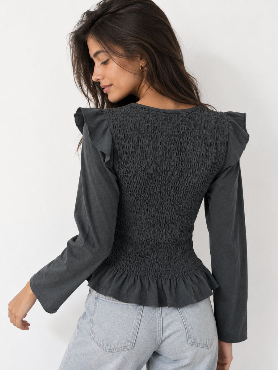 blouse smockée dos gris