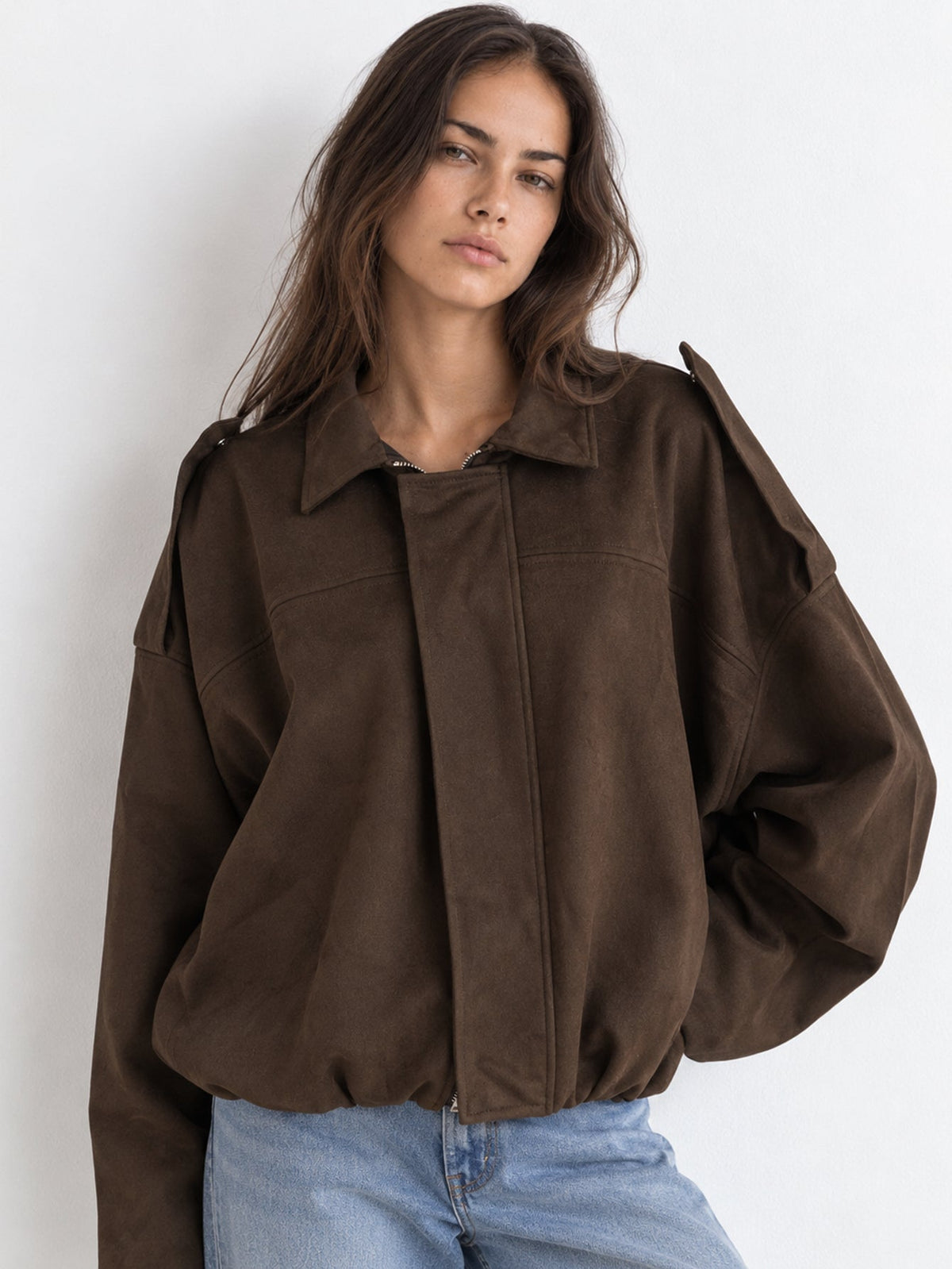 Blouson bomber suédine chocolat face