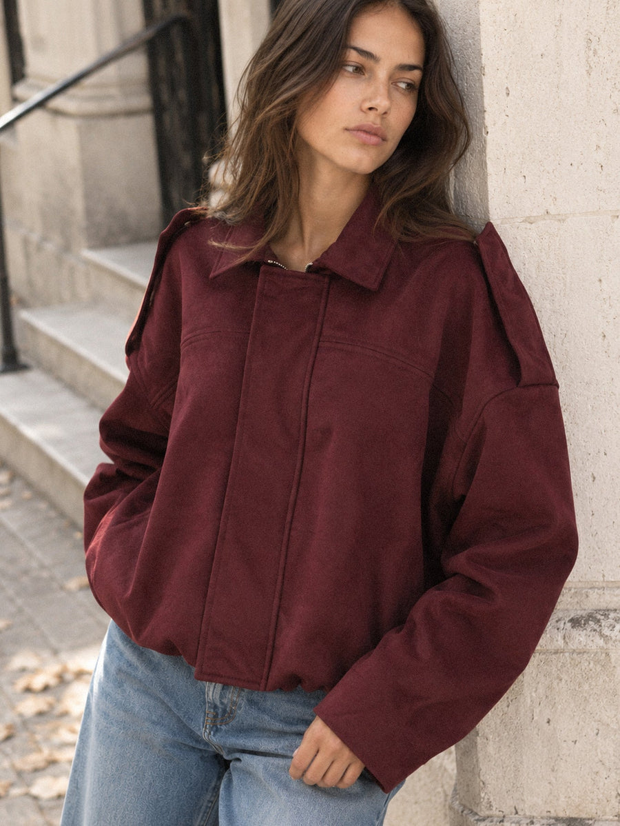 Blouson bomber suédine bordeaux face