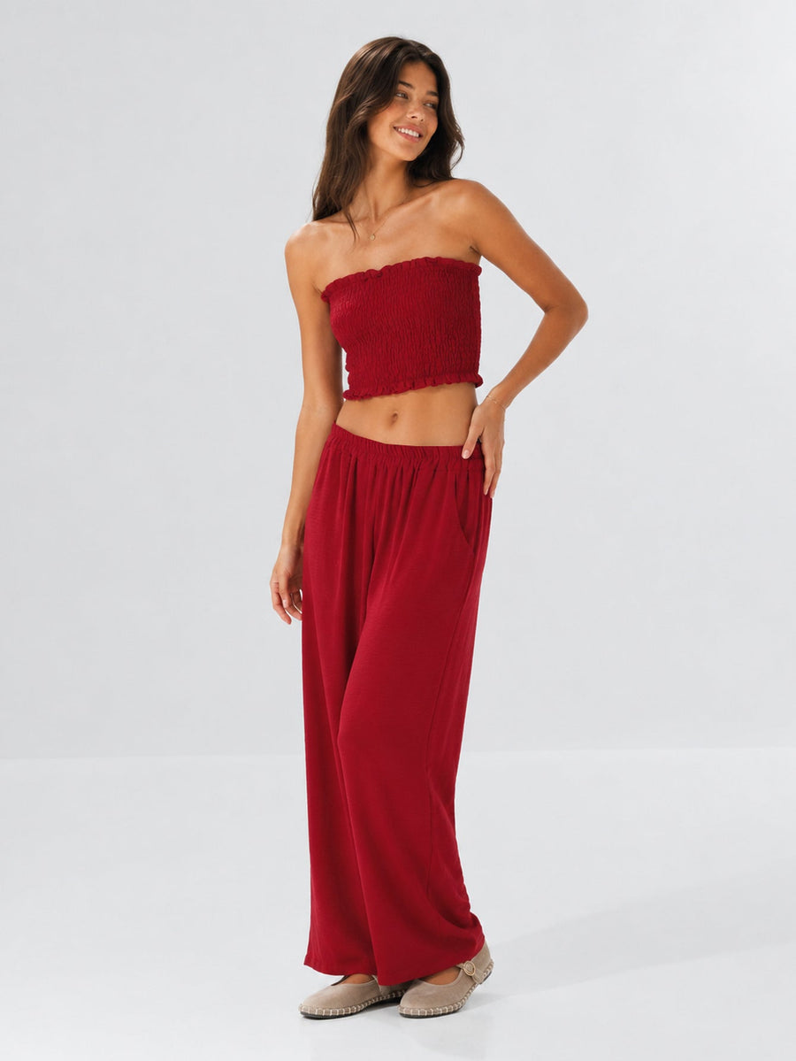 ensemble bandeau smocké et pantalon large bordeaux