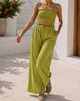 ensemble bandeau smocké et pantalon large vert olive