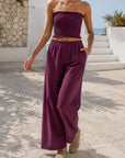 ensemble bandeau smocké et pantalon large violet