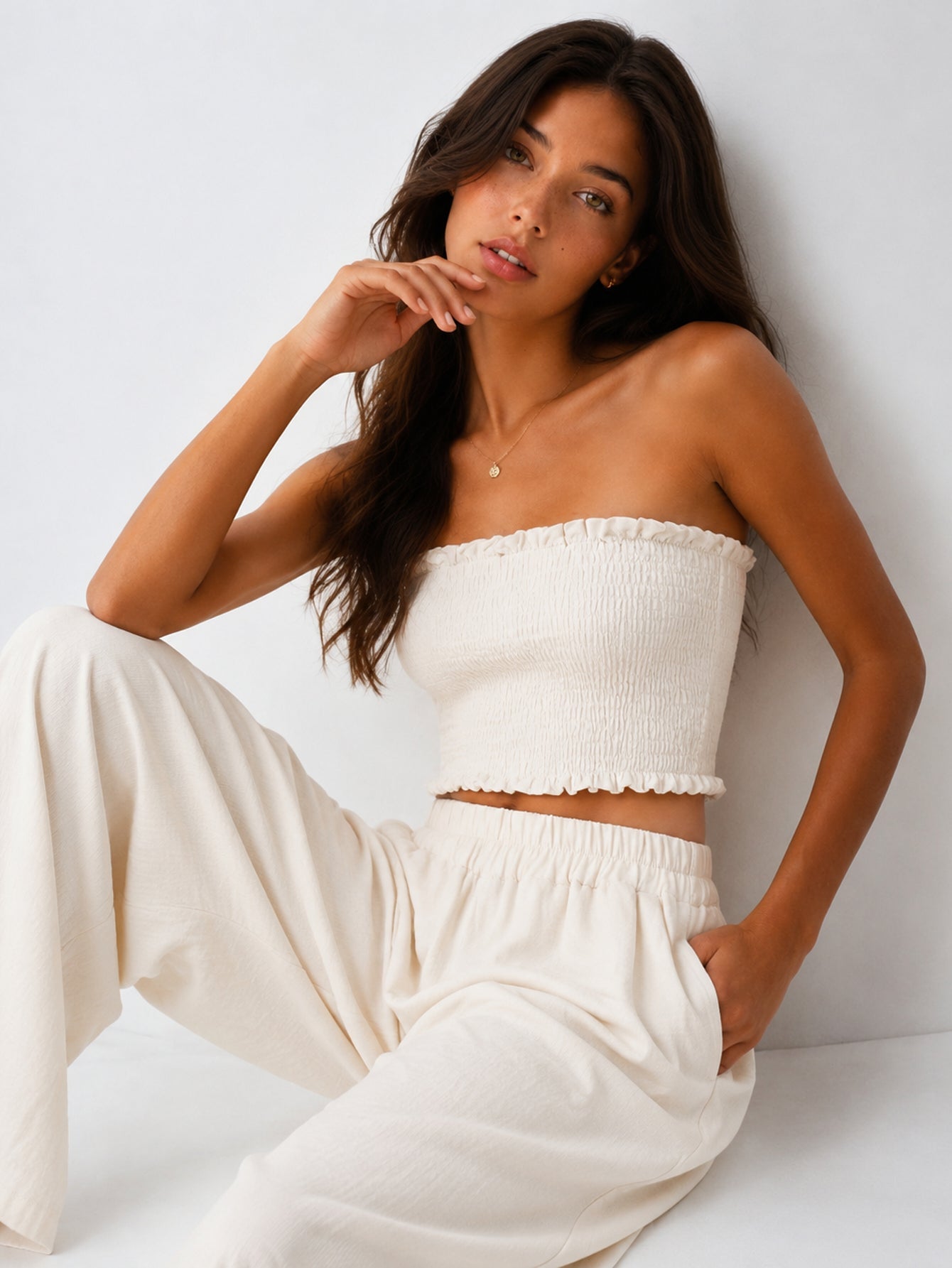 ensemble bandeau smocké marron vue face
