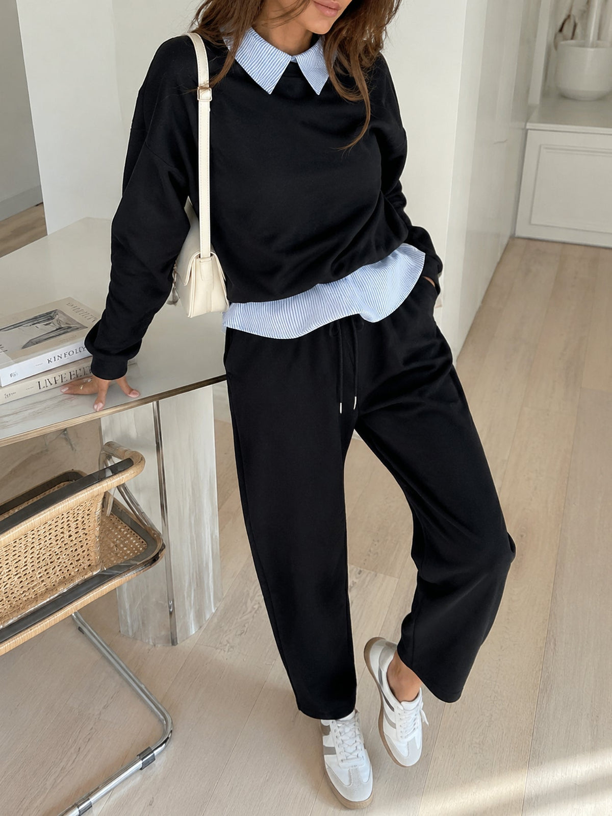 Ensemble sweat + pantalon col chemise rayé coloris foncé