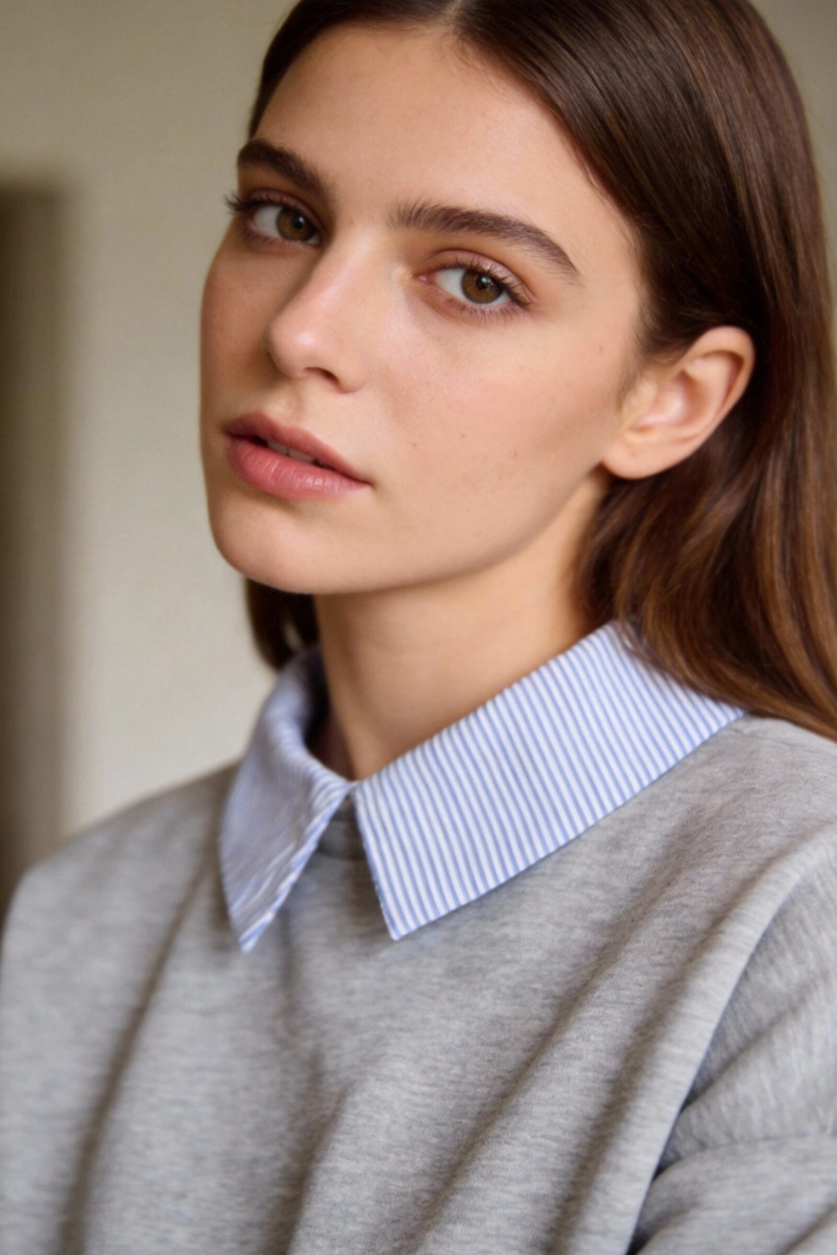 Sweat col chemise rayé gris clair portrait