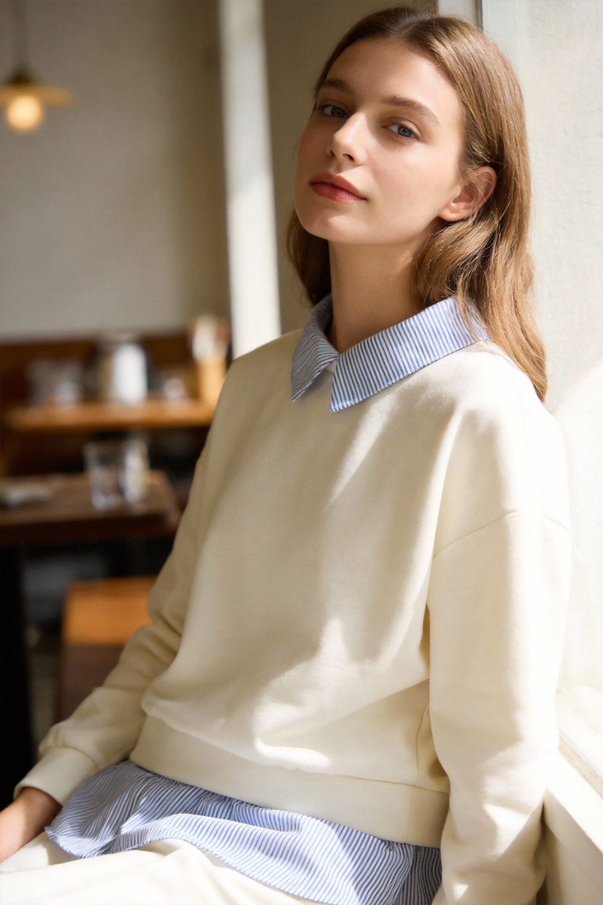 Ensemble sweat + pantalon beige près de la fenêtre