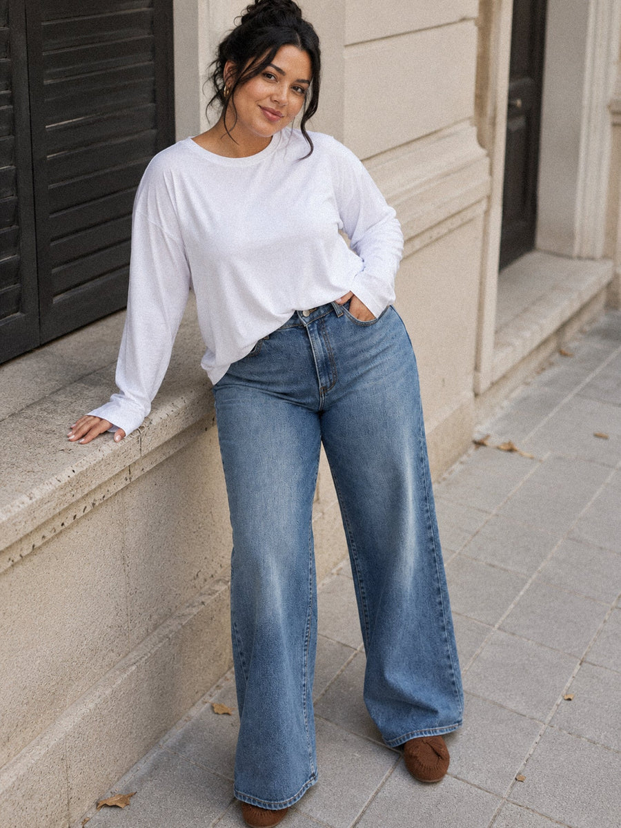 Jean wide leg bleu moyen en extérieur