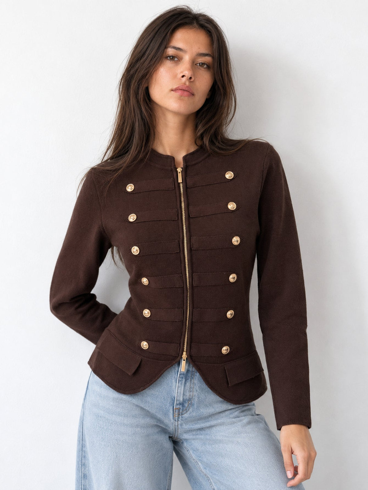 veste en maille officier marron zippée