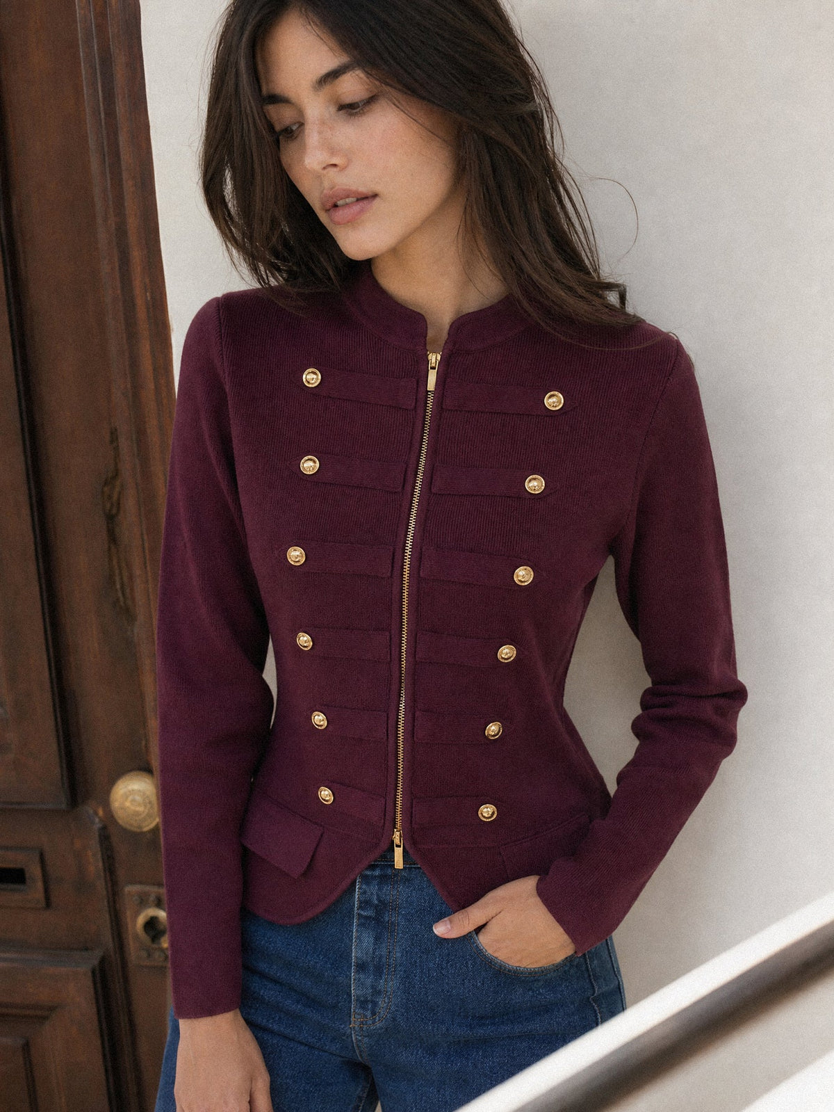 veste en maille officier bordeaux zippée
