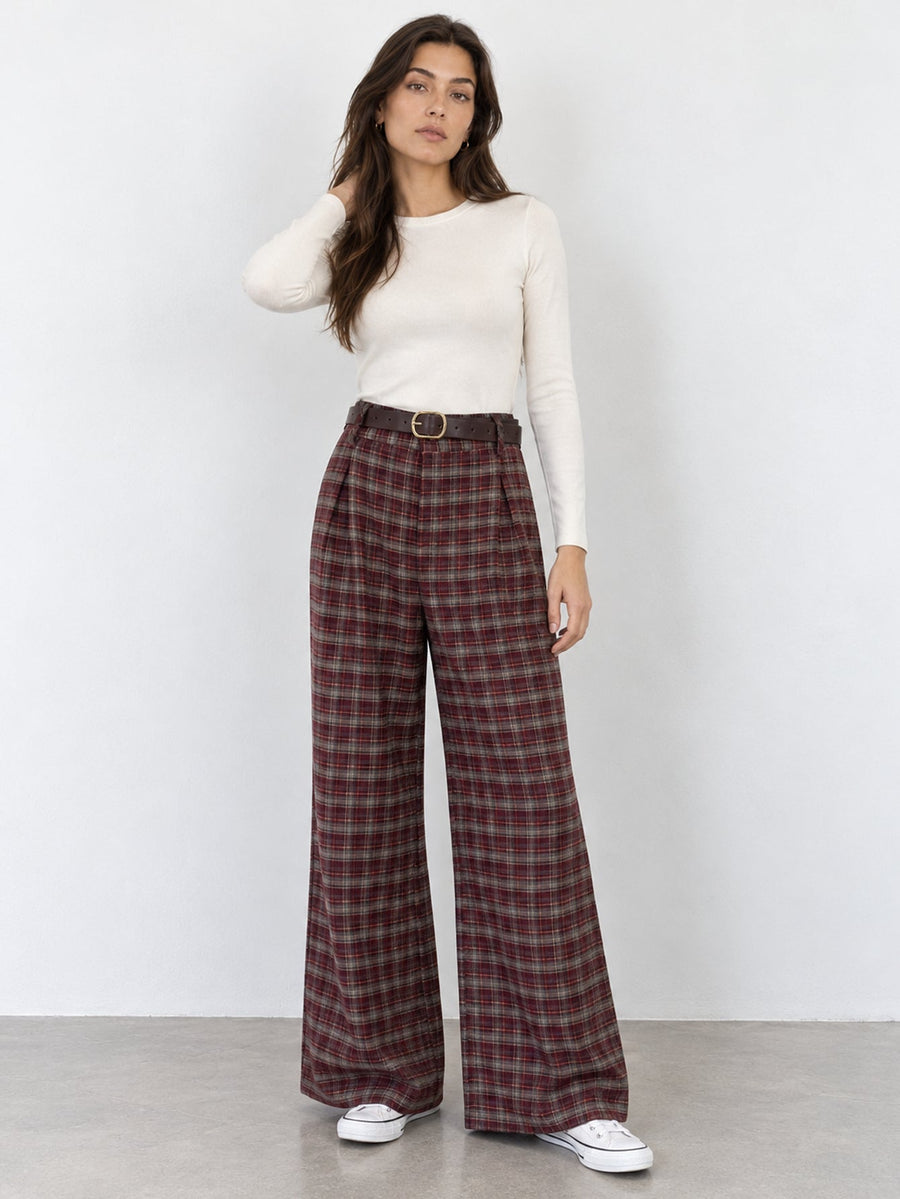 pantalon large à carreaux bordeaux
