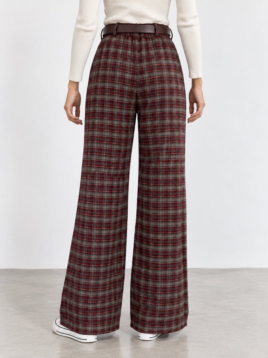 pantalon large à carreaux bordeaux dos